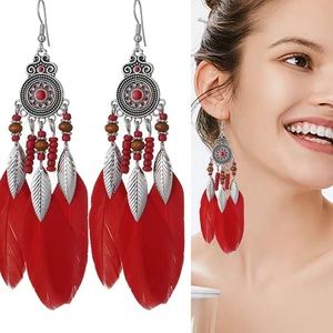 Bohemian Red Feather Tassel Silver Plated Earrings With Rice Beads 
*Faux Fashio